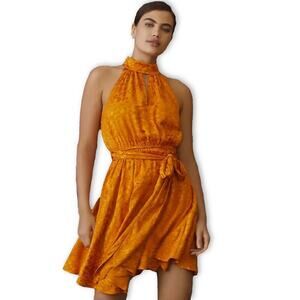 Anthropologie Halter Neck Mini Dress Size XL Orange Belted A-Line Pockets NEW